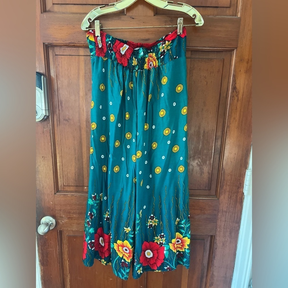 Boho Floral Wide Leg Pants Green | Elastic Waist Palazzo Beach Festival Size M - Picture 5 of 10